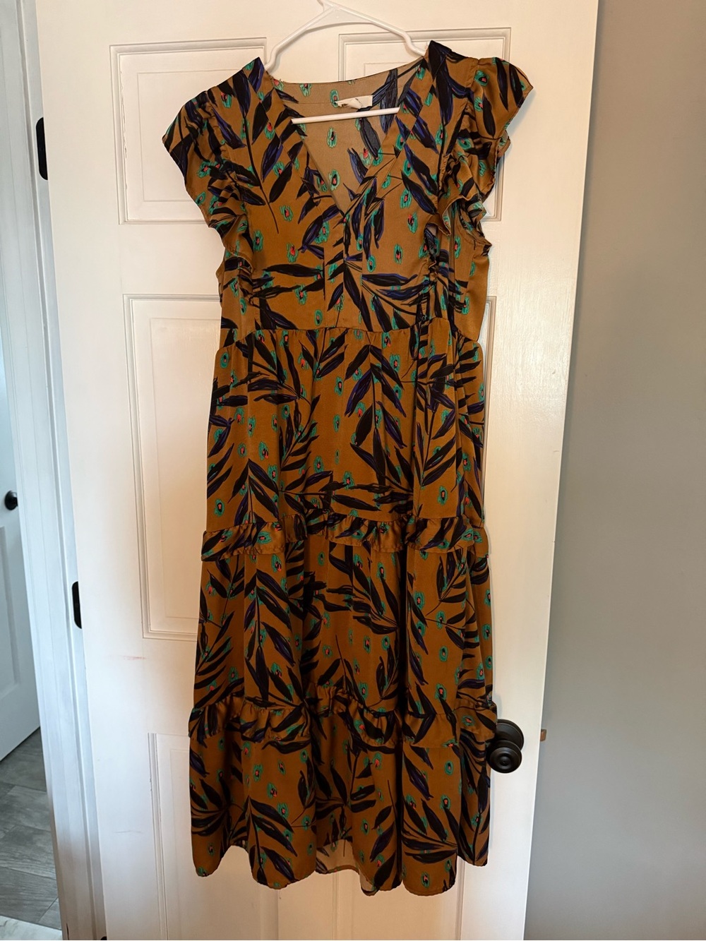 entro Mustard Midi Dress with Navy & Green Leaf Print - Size S